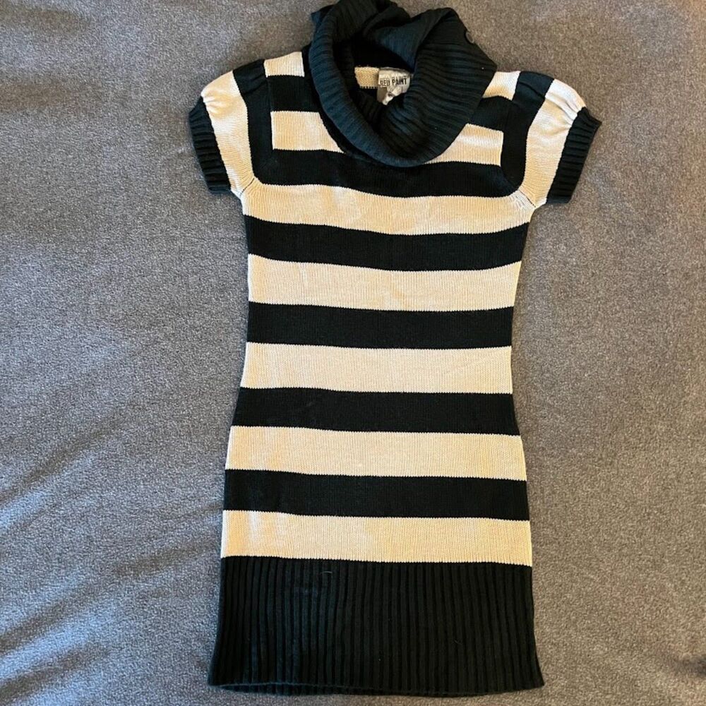 Red Paint Knit Body Con Dress Black Beige Cowl Neck, Size M